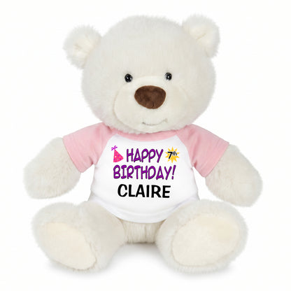 Personalized Happy Birthday Teddy Bear - 10 Inch White Nuzzles Bear - Pink Sleeves, Purple Design
