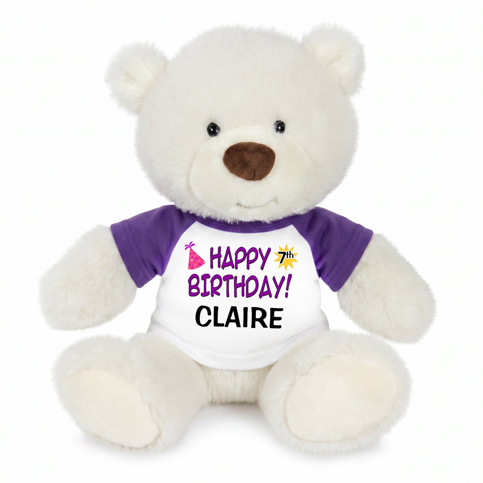Personalized Happy Birthday Teddy Bear - 10 Inch White Nuzzles Bear - Purple