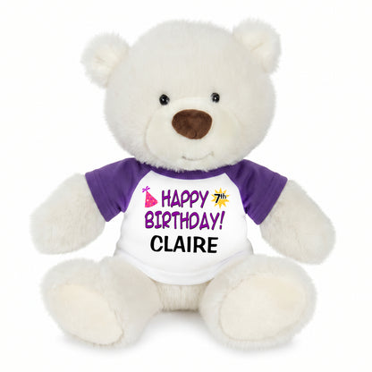 Personalized Happy Birthday Teddy Bear - 10 Inch White Nuzzles Bear - Purple