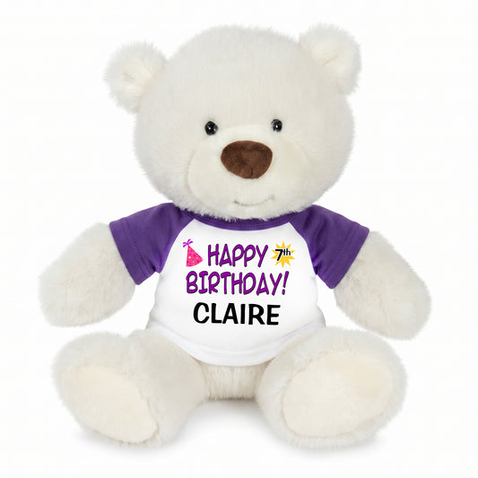 Personalized Happy Birthday Teddy Bear - 10 Inch White Nuzzles Bear - Purple