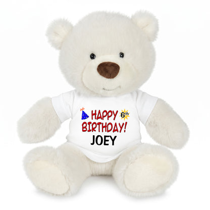 Personalized Happy Birthday Teddy Bear - 10 Inch White Nuzzles Bear - White shirt with red design