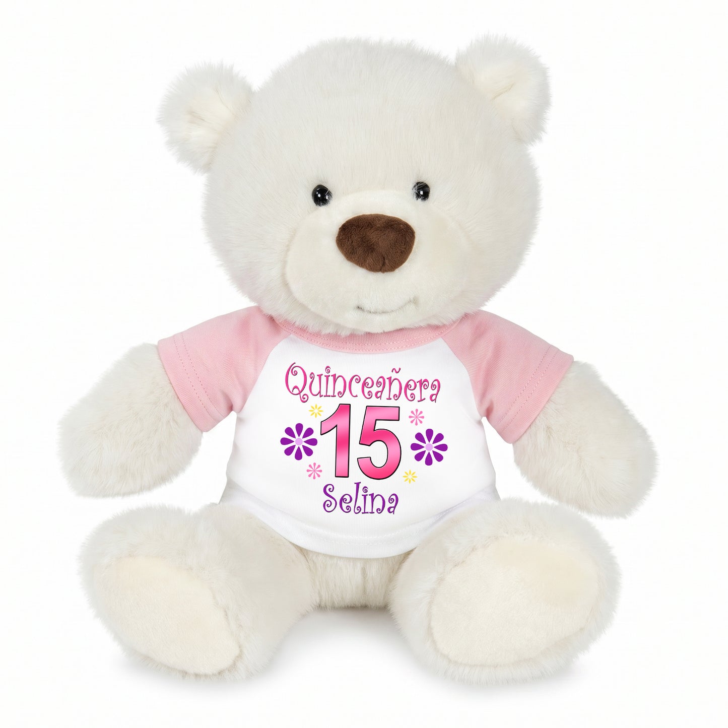 Personalized Quinceanera Teddy Bear - 10 Inch White Nuzzles Bear - Pink