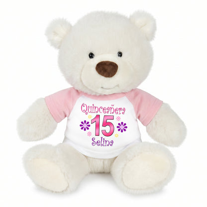Personalized Quinceanera Teddy Bear - 10 Inch White Nuzzles Bear - Pink