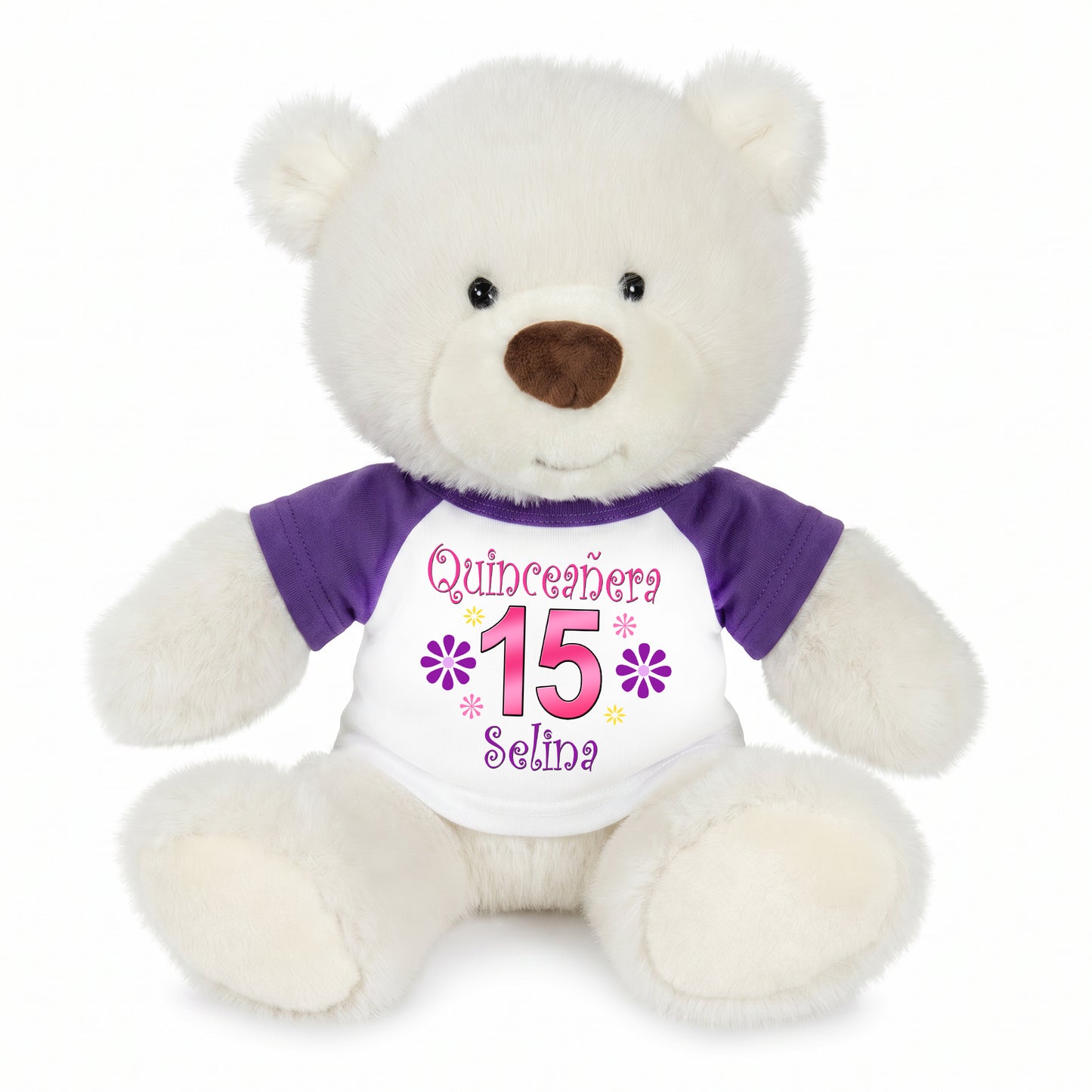 Personalized Quinceanera Teddy Bear - 10 Inch White Nuzzles Bear - Purple