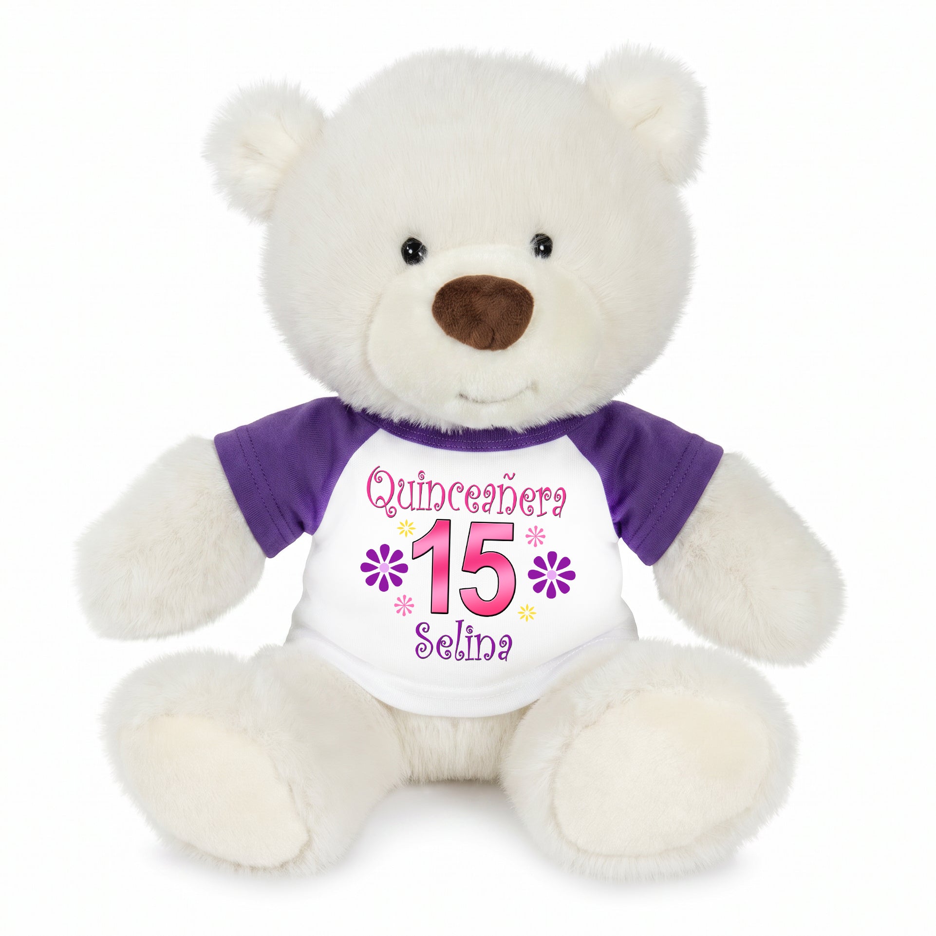 Personalized Quinceanera Teddy Bear - 10 Inch White Nuzzles Bear - Purple