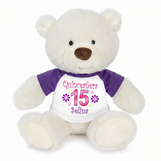 Personalized Quinceanera Teddy Bear - 10 Inch White Nuzzles Bear - Purple