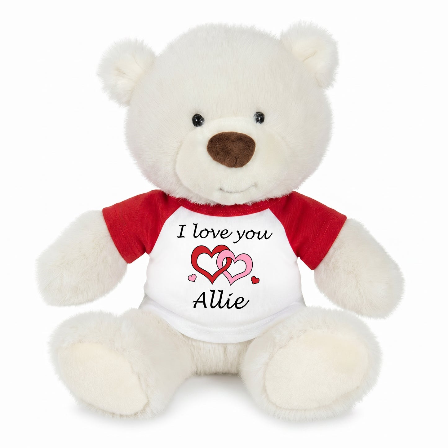 Personalized Valentines or Love Teddy Bear - 10 Inch White Nuzzles Bear - Interlocking Hearts