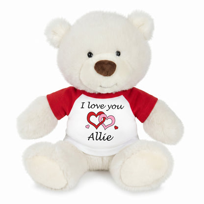 Personalized Valentines or Love Teddy Bear - 10 Inch White Nuzzles Bear - Interlocking Hearts