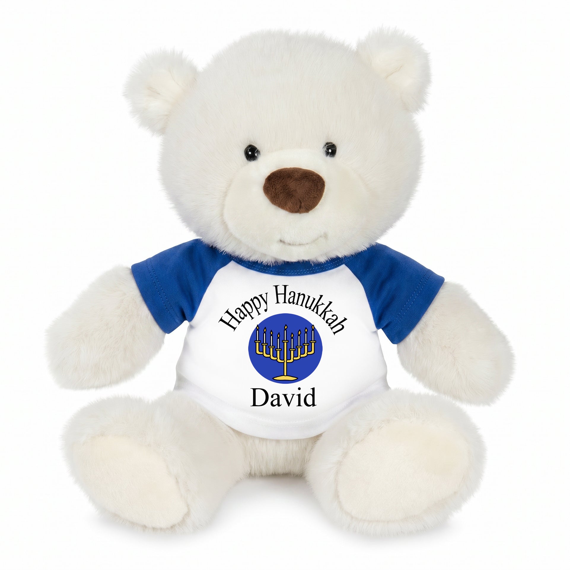 Personalized Hanukkah Teddy Bear - 10 Inch White Nuzzles Bear - Royal Blue/Royal Blue