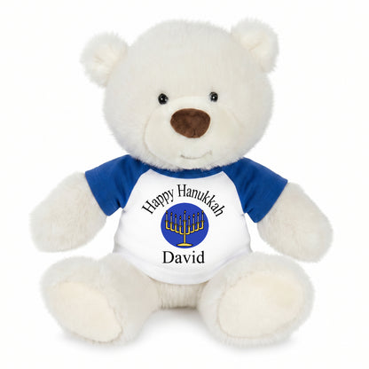 Personalized Hanukkah Teddy Bear - 10 Inch White Nuzzles Bear - Royal Blue/Royal Blue