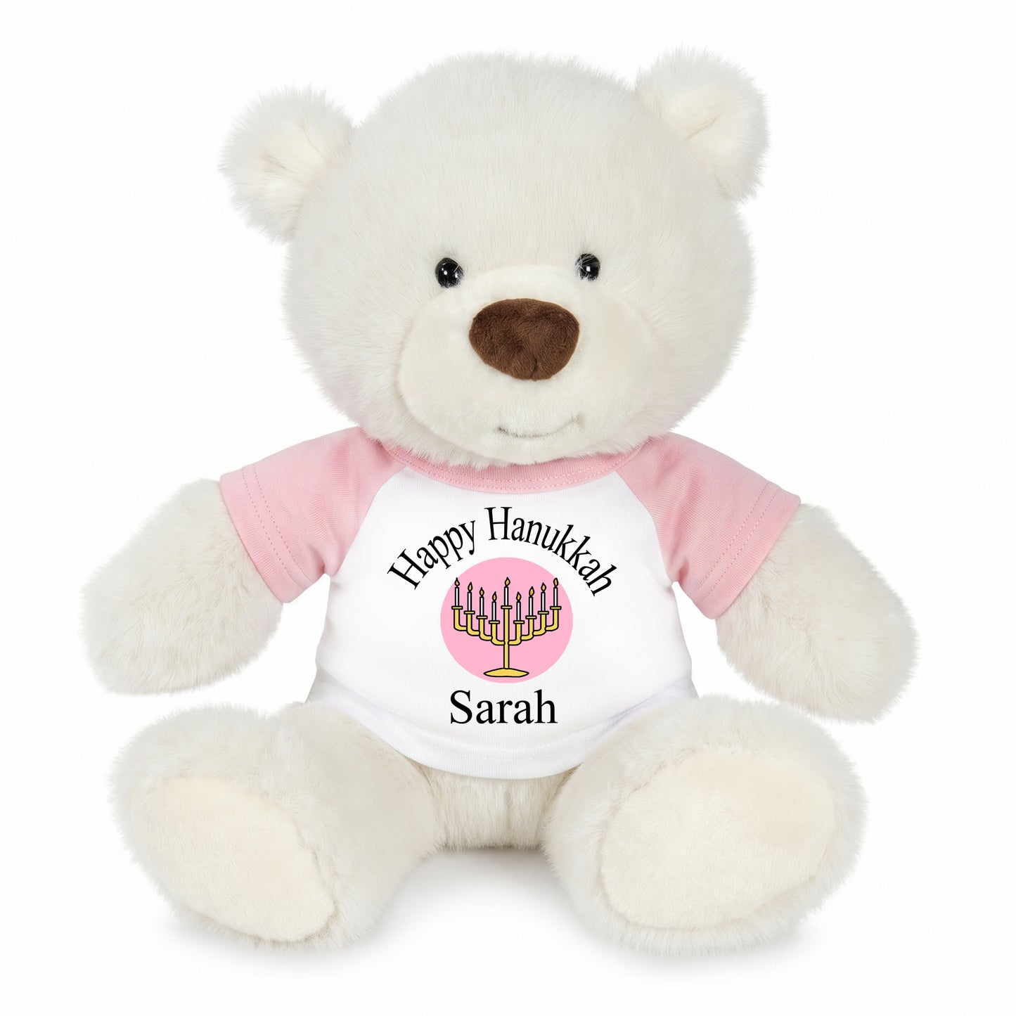 Personalized Hanukkah Teddy Bear - 10 Inch White Nuzzles Bear - Pink/Pink