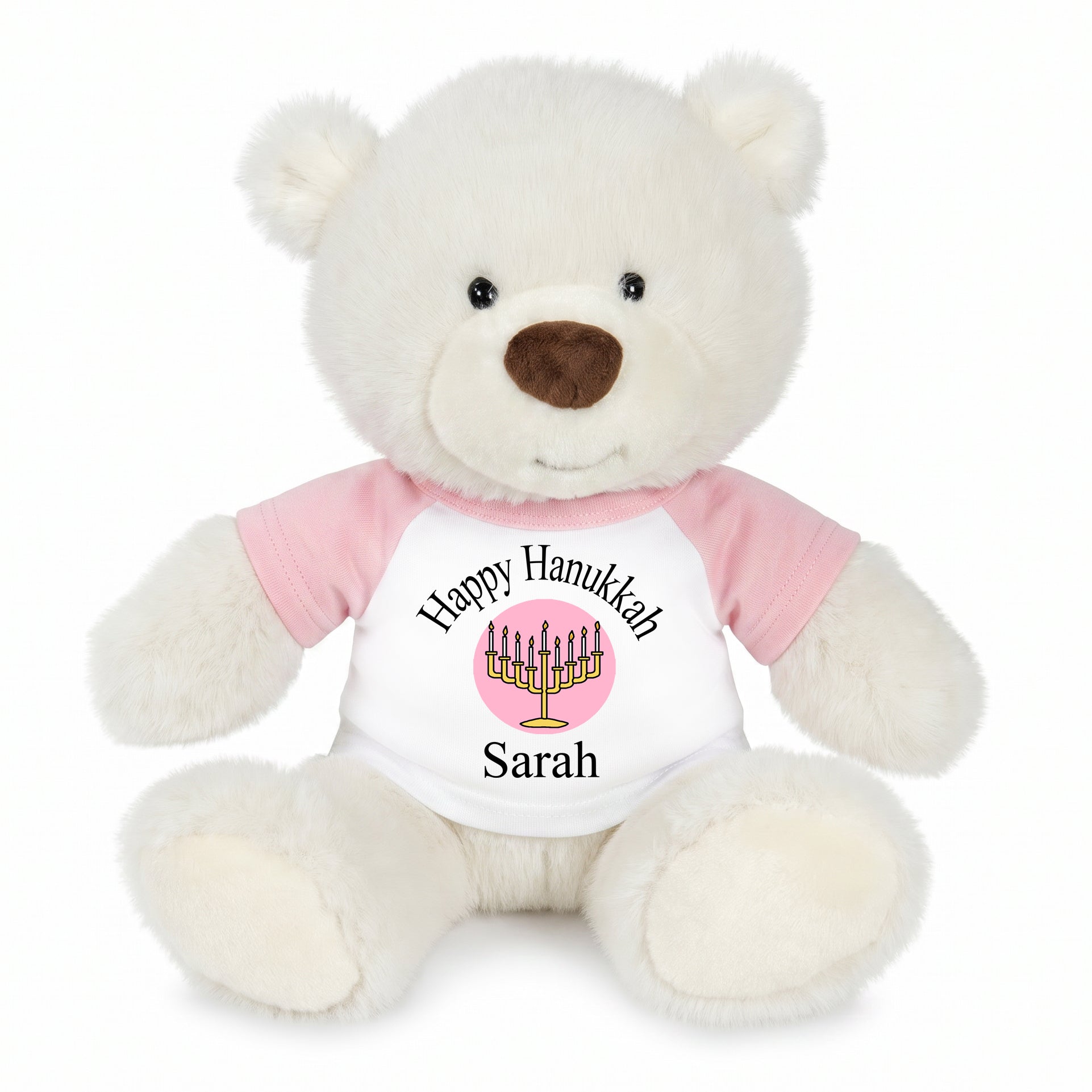 Personalized Hanukkah Teddy Bear - 10 Inch White Nuzzles Bear - Pink/Pink