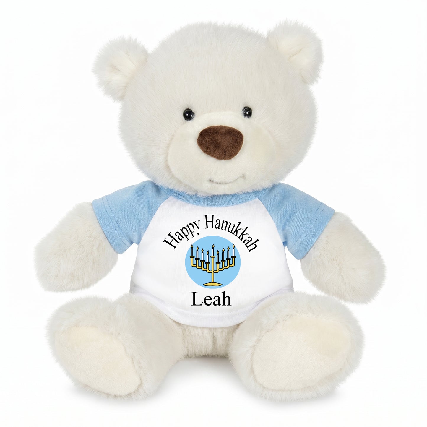 Personalized Hanukkah Teddy Bear - 10 Inch White Nuzzles Bear - Lt Blue/Lt Blue