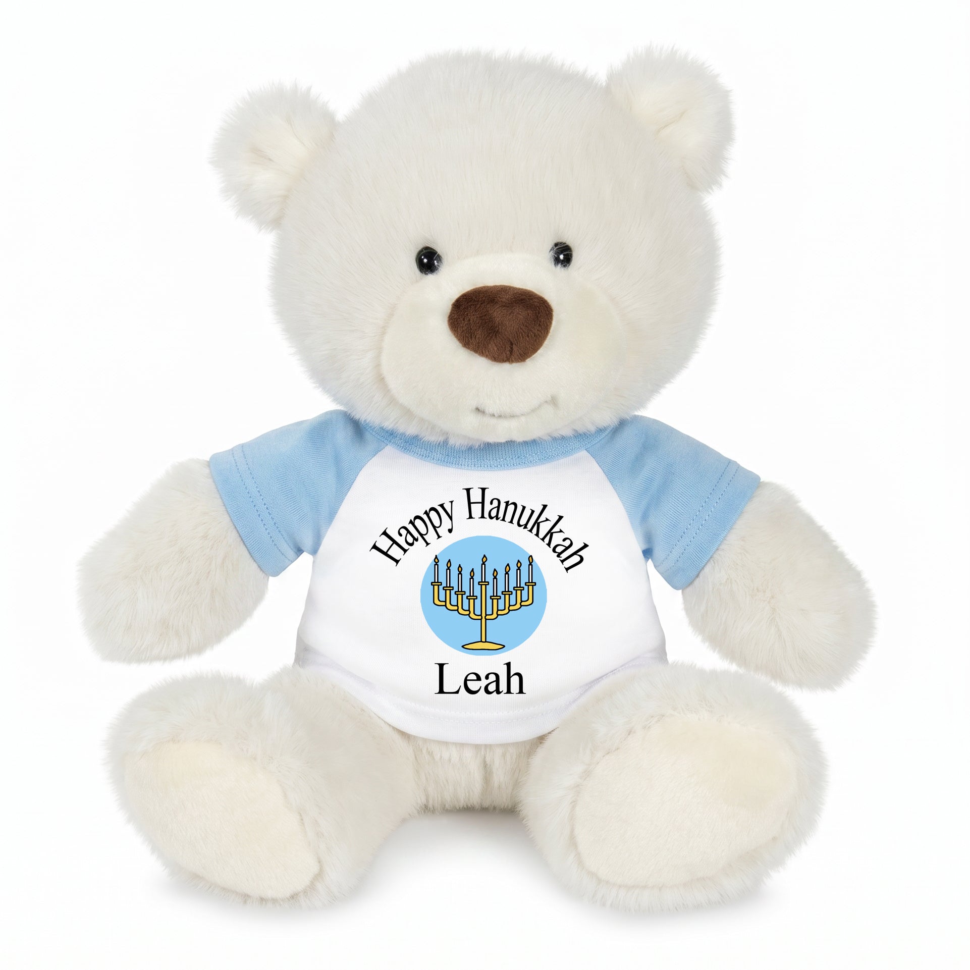Personalized Hanukkah Teddy Bear - 10 Inch White Nuzzles Bear - Lt Blue/Lt Blue