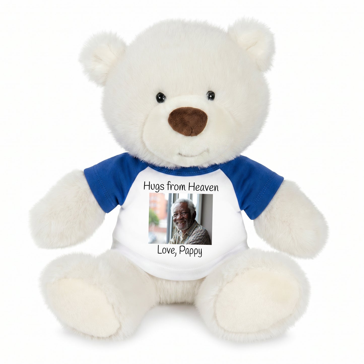 Personalized Memorial Teddy Bear - 10 Inch White Nuzzles Bear - Blue Shirt