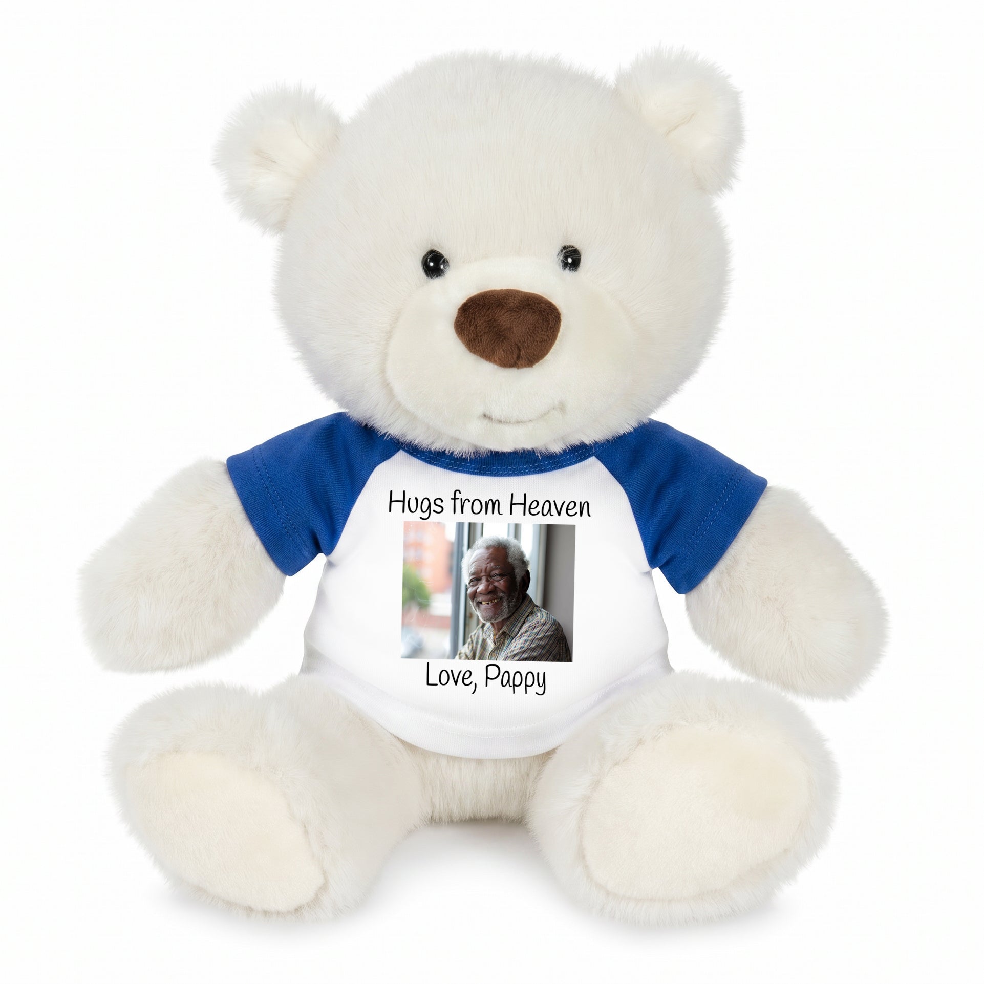 Personalized Memorial Teddy Bear - 10 Inch White Nuzzles Bear - Blue Shirt