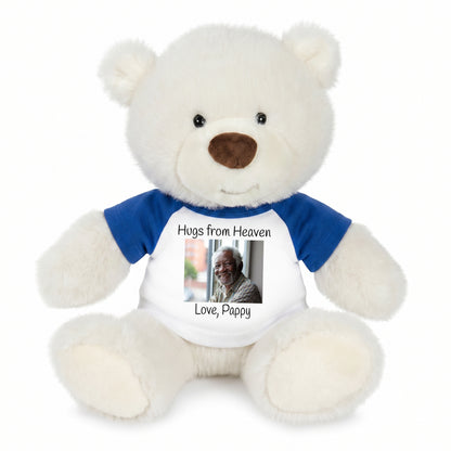 Personalized Memorial Teddy Bear - 10 Inch White Nuzzles Bear - Blue Shirt