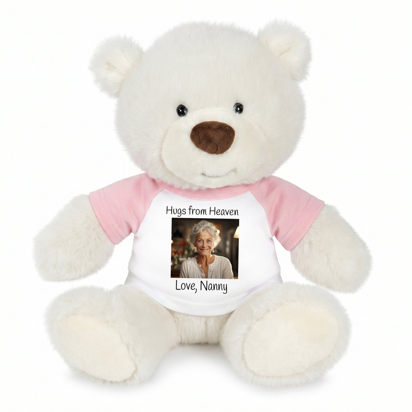 Personalized Memorial Teddy Bear - 10 Inch White Nuzzles Bear - Pink Shirt