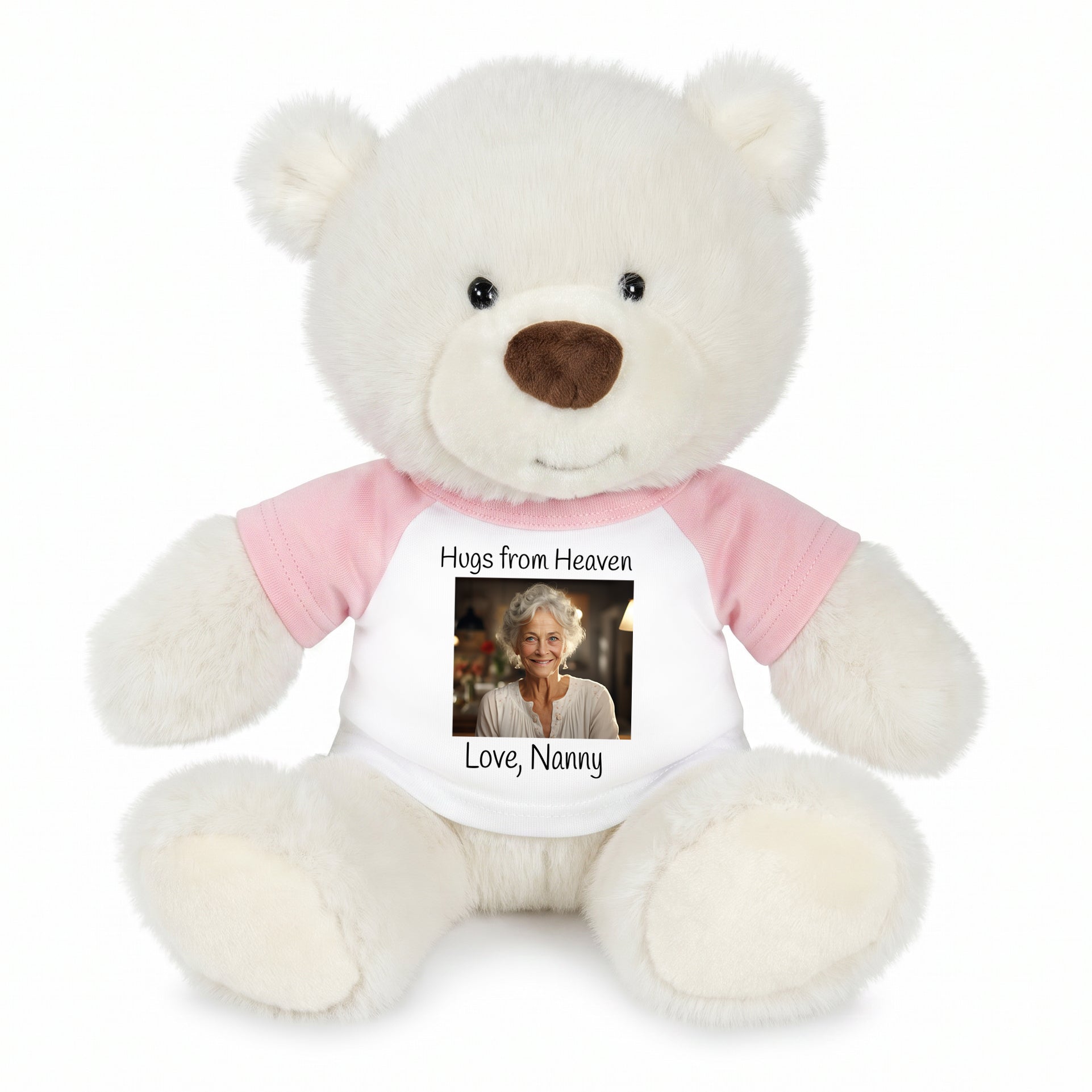 Personalized Memorial Teddy Bear - 10 Inch White Nuzzles Bear - Pink Shirt