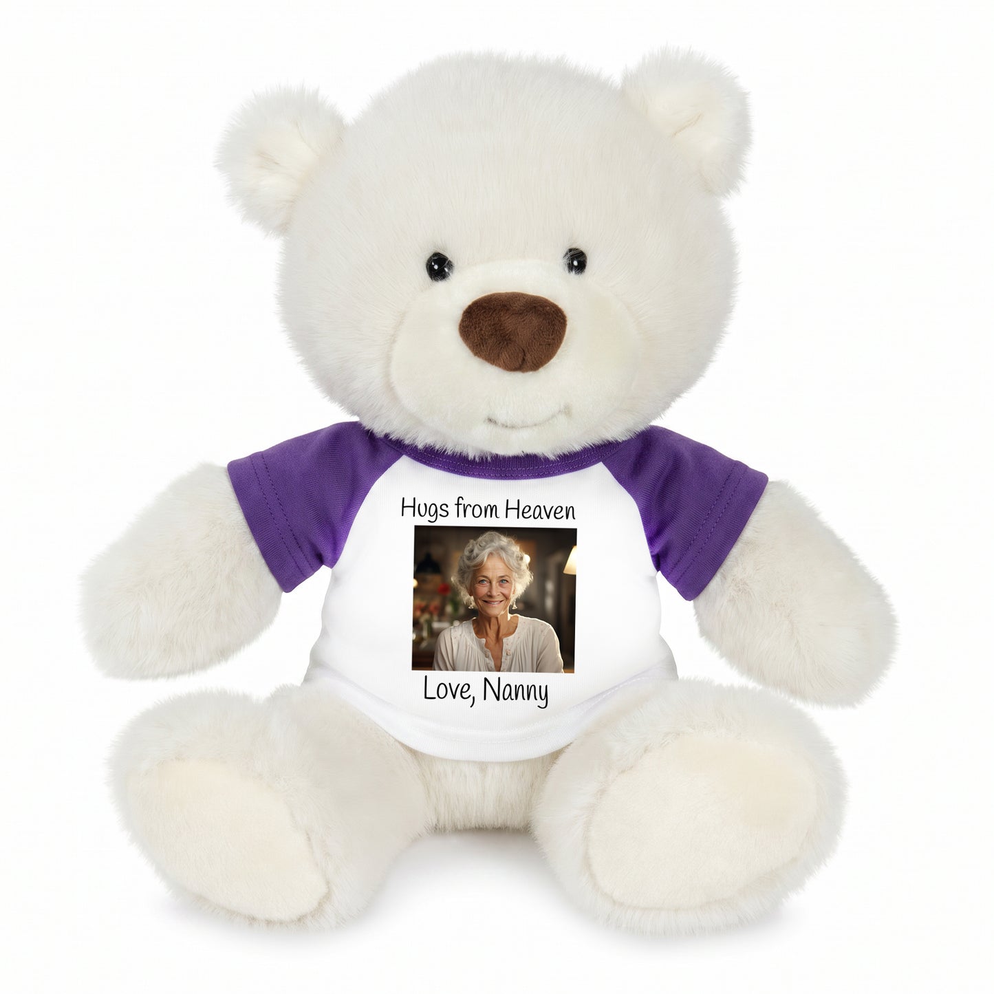 Personalized Memorial Teddy Bear - 10 Inch White Nuzzles Bear - Purple Shirt