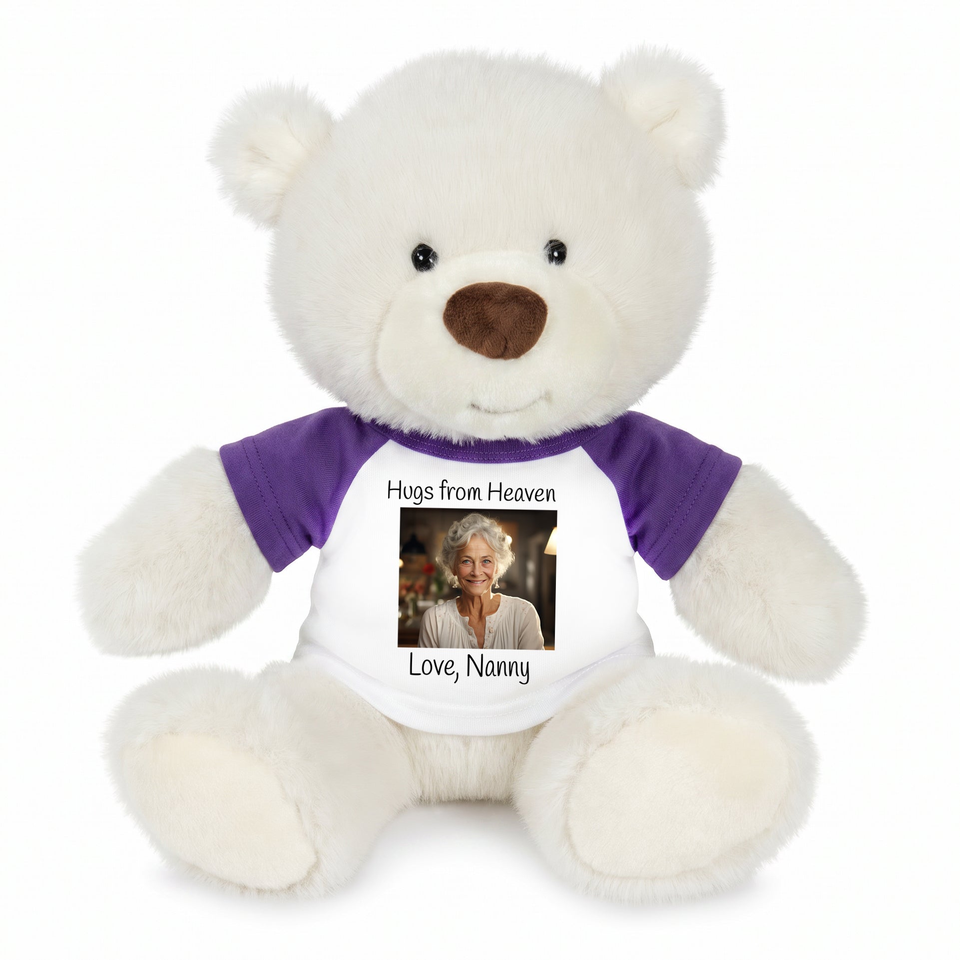 Personalized Memorial Teddy Bear - 10 Inch White Nuzzles Bear - Purple Shirt