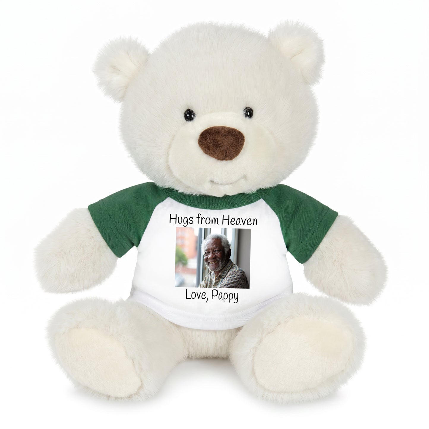 Personalized Memorial Teddy Bear - 10 Inch White Nuzzles Bear - Green Shirt