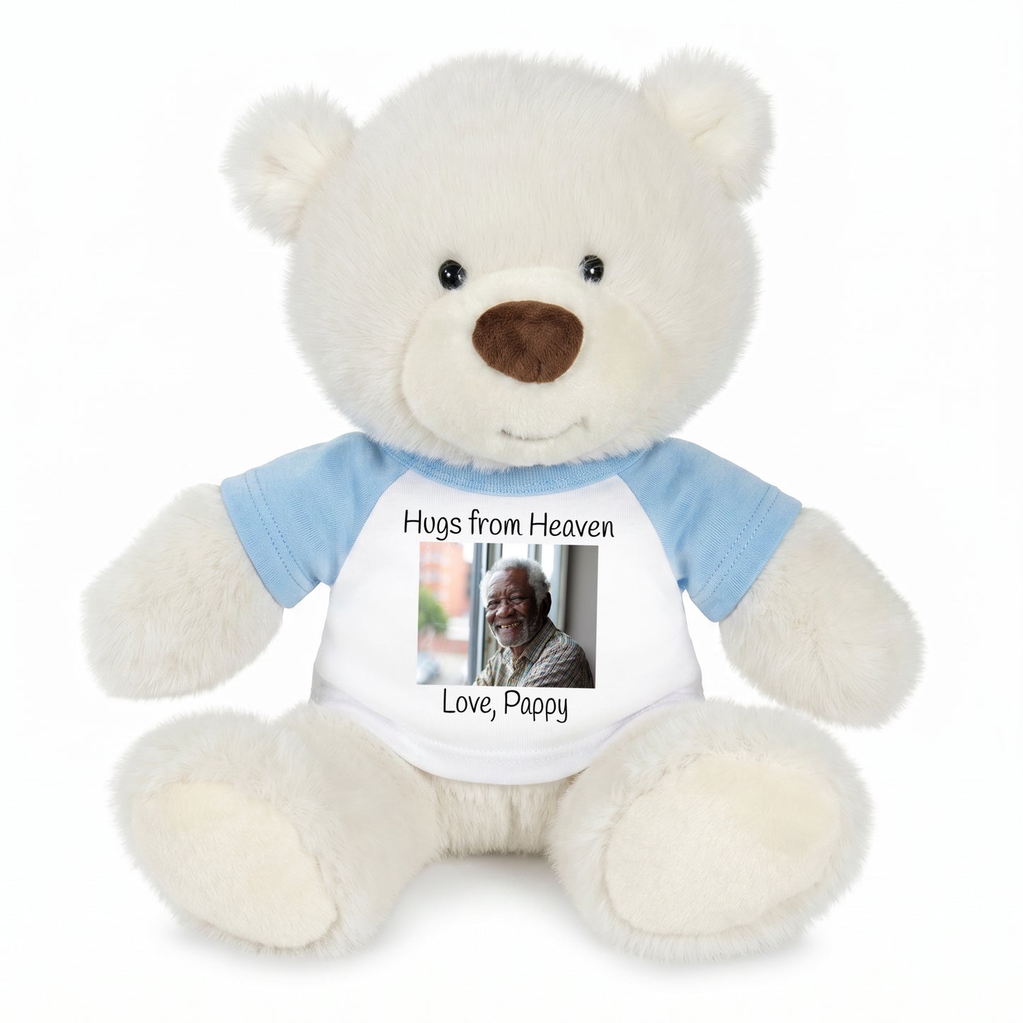 Personalized Memorial Teddy Bear - 10 Inch White Nuzzles Bear - Light Blue Shirt
