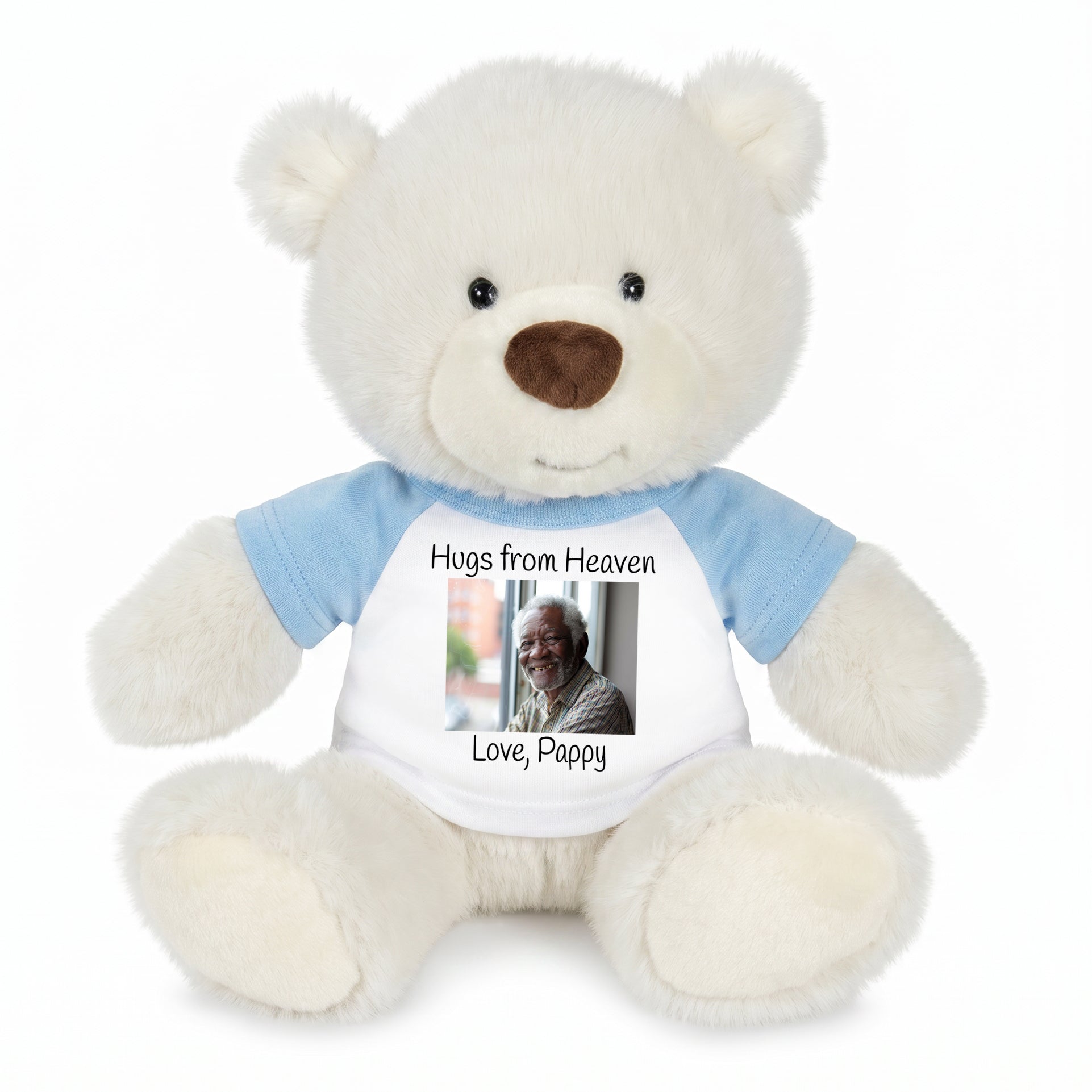 Personalized Memorial Teddy Bear - 10 Inch White Nuzzles Bear - Light Blue Shirt