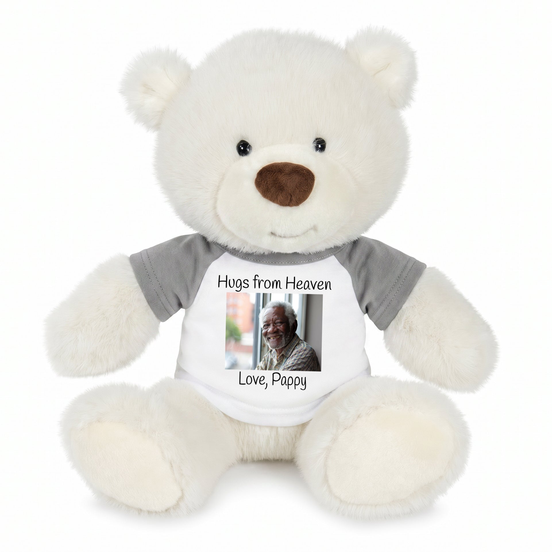 Personalized Memorial Teddy Bear - 10 Inch White Nuzzles Bear - Grey Shirt