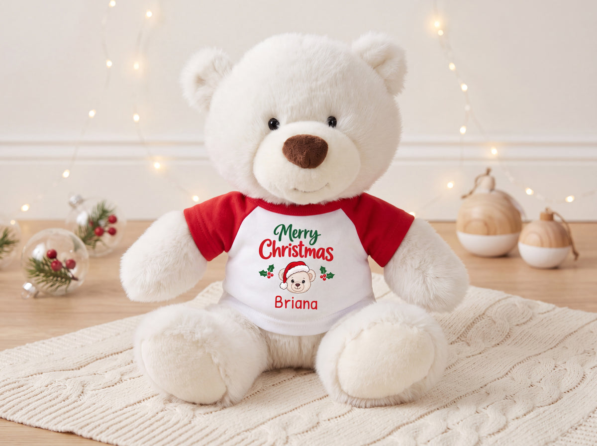 Personalized Christmas Teddy Bear - 10 Inch White Nuzzles Bear
