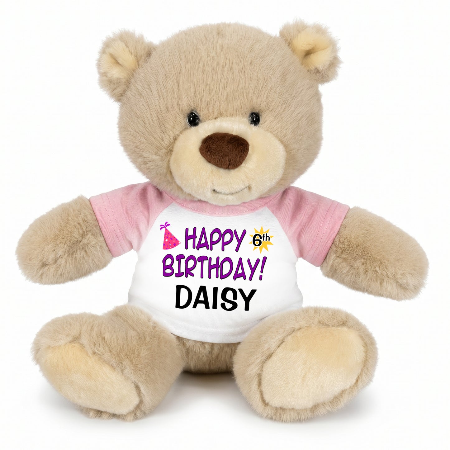 Personalized Birthday Teddy Bear - 10 Inch Tan Nuzzles Bear, Purple Text Design, Pink Shirt