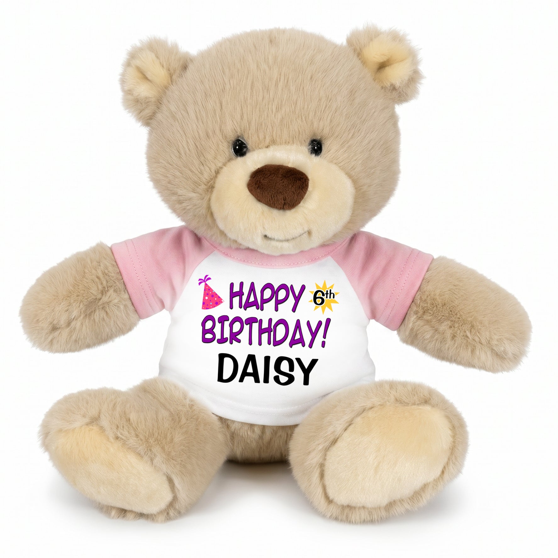 Personalized Birthday Teddy Bear - 10 Inch Tan Nuzzles Bear, Purple Text Design, Pink Shirt