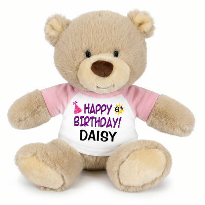 Personalized Birthday Teddy Bear - 10 Inch Tan Nuzzles Bear, Purple Text Design, Pink Shirt