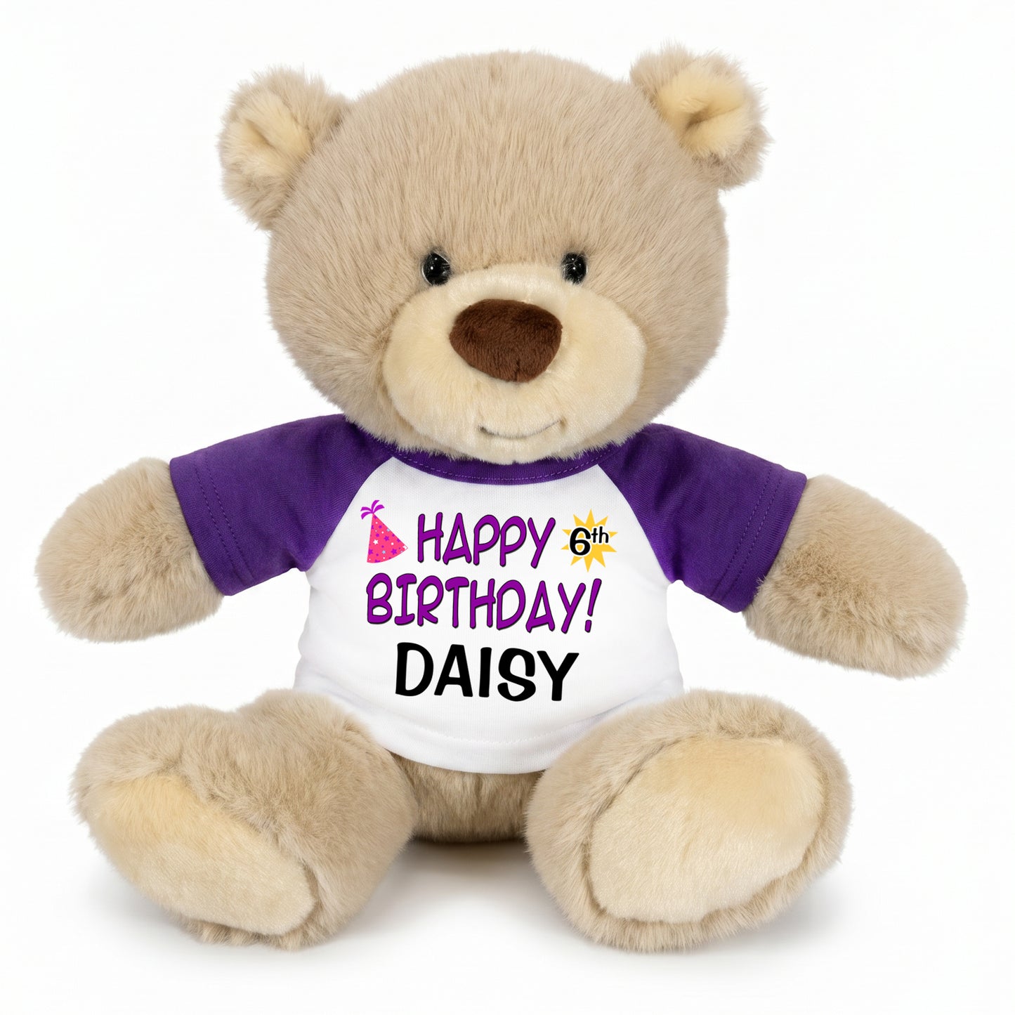 Personalized Birthday Teddy Bear - 10 Inch Tan Nuzzles Bear, Purple Text Design, Purple Shirt