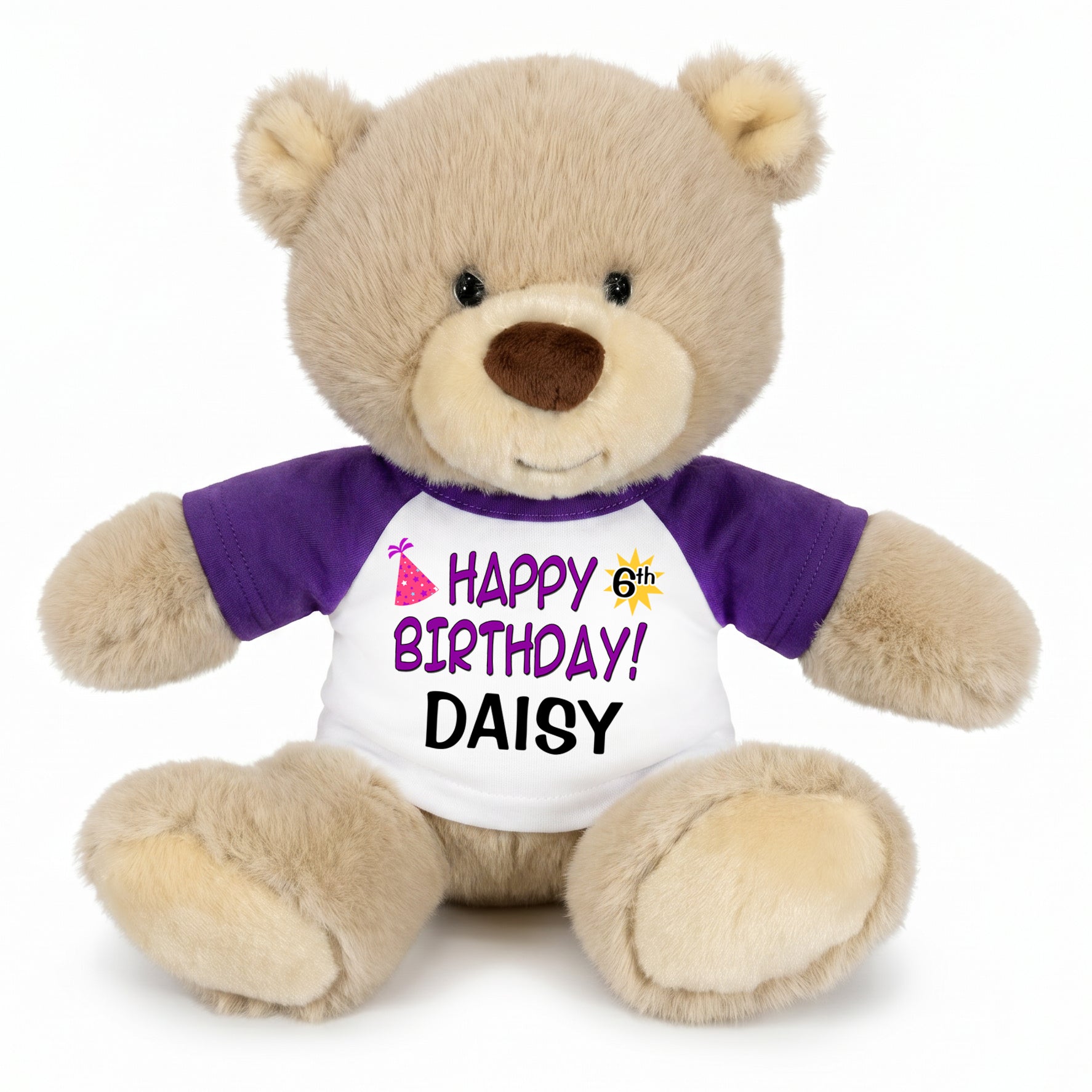 Personalized Birthday Teddy Bear - 10 Inch Tan Nuzzles Bear, Purple Text Design, Purple Shirt