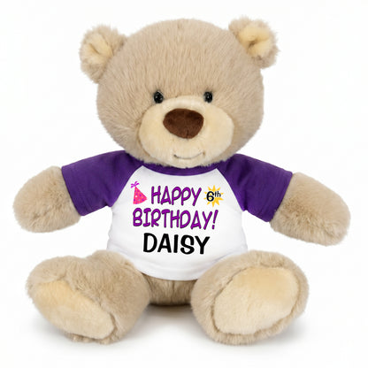 Personalized Birthday Teddy Bear - 10 Inch Tan Nuzzles Bear, Purple Text Design, Purple Shirt