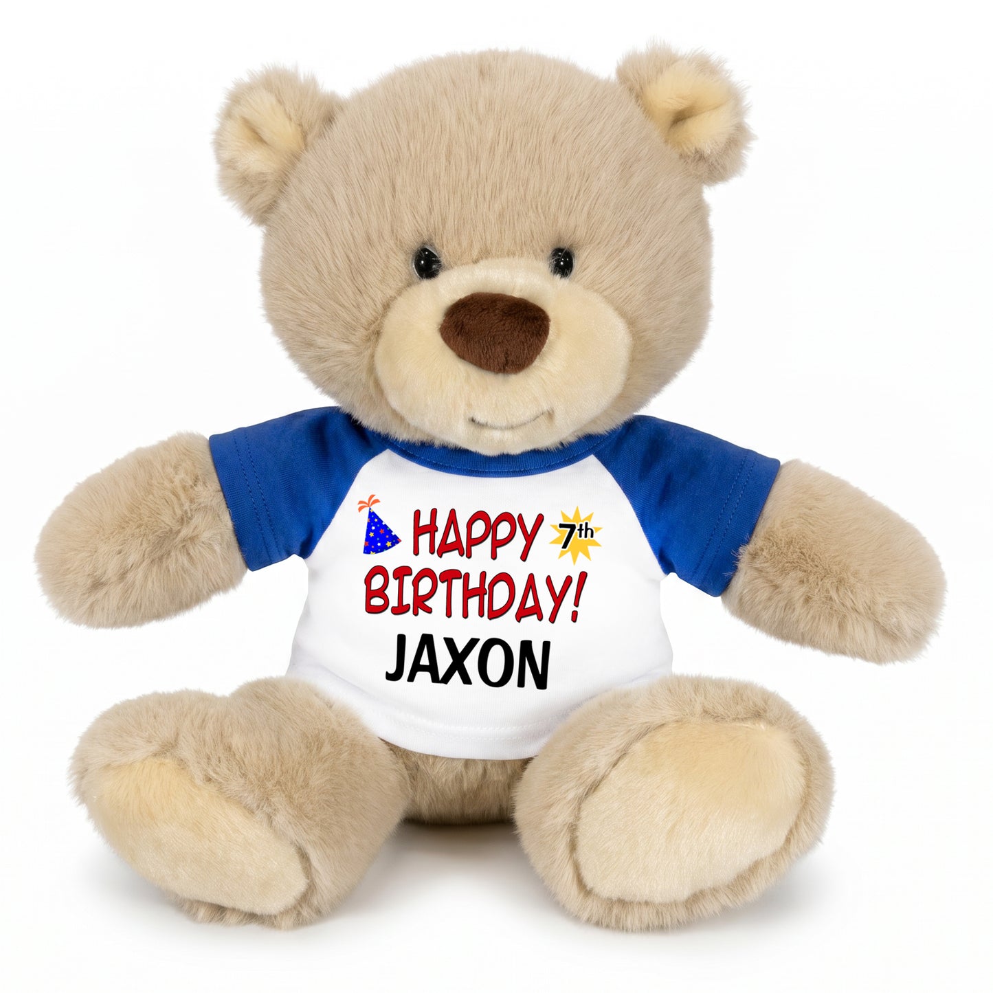 Personalized Birthday Teddy Bear - 10 Inch Tan Nuzzles Bear, Red Text Design, Royal Blue Shirt