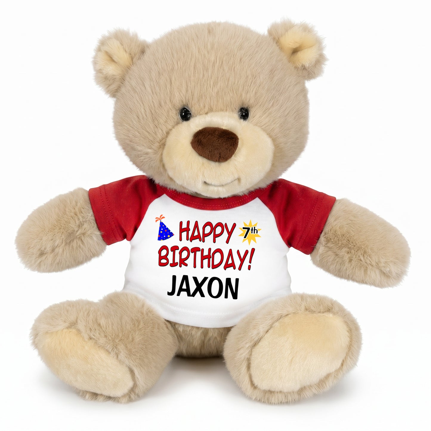 Personalized Birthday Teddy Bear - 10 Inch Tan Nuzzles Bear, Red Text Design, Red Blue Shirt