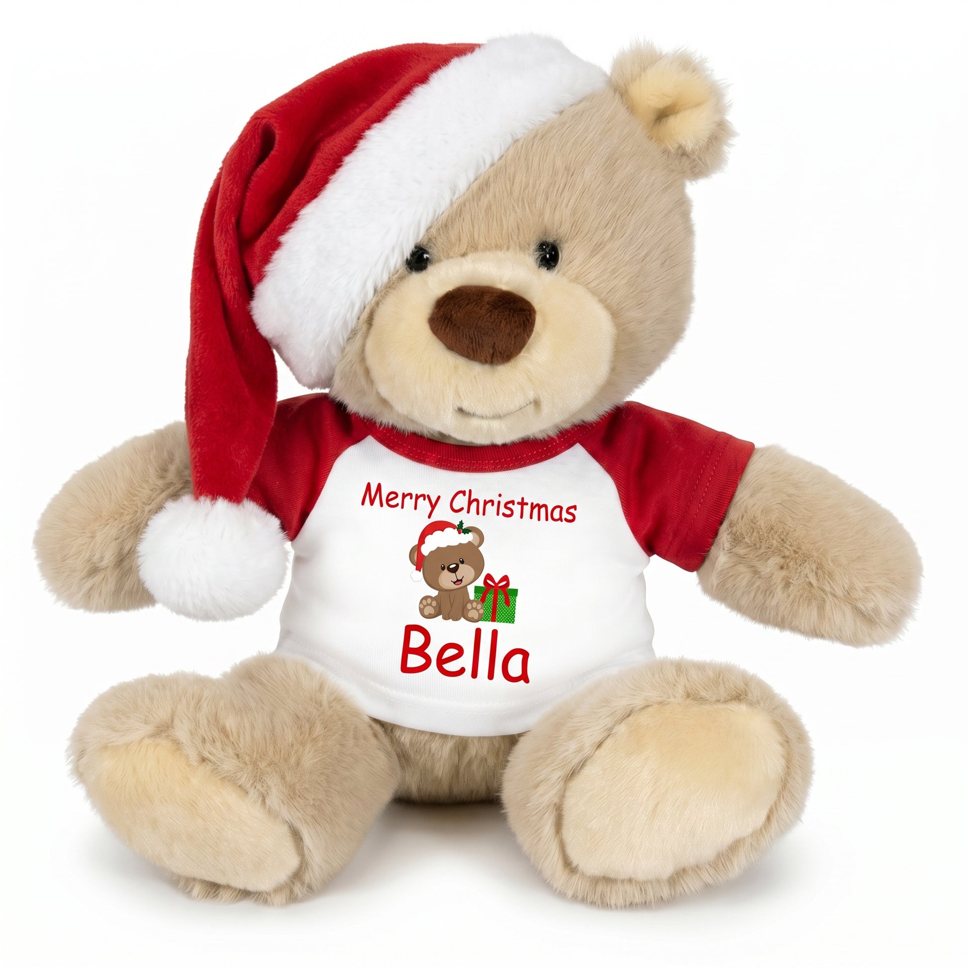 Personalized Christmas Teddy Bear - 10 Inch Tan Nuzzles Bear with Santa Hat, Bear Design