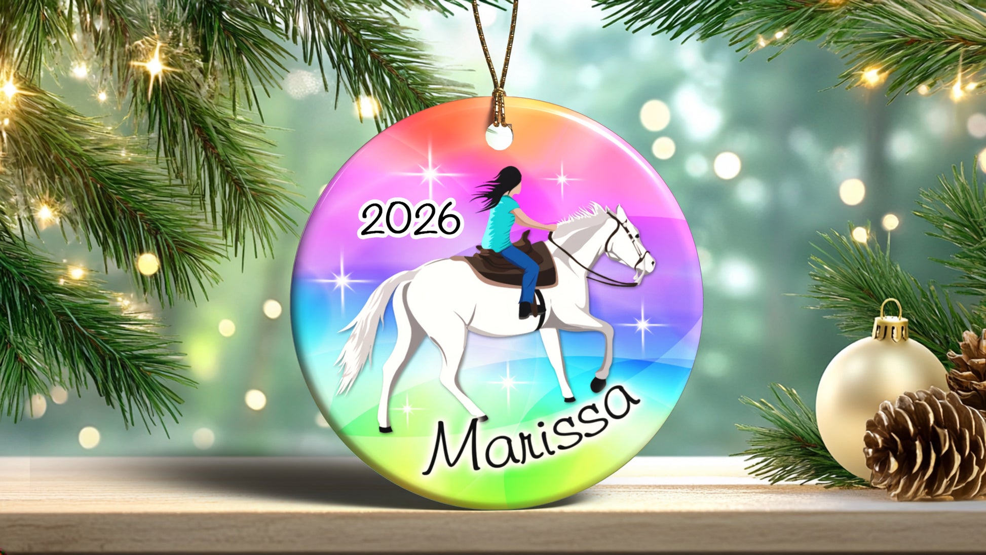 Horse Dreams Personalized Christmas Ornament - Rainbow Ride - Black Haired Girl