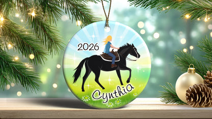 Horse Dreams Personalized Christmas Ornament - Sparkling Meadow - Girl with Blonde Hair