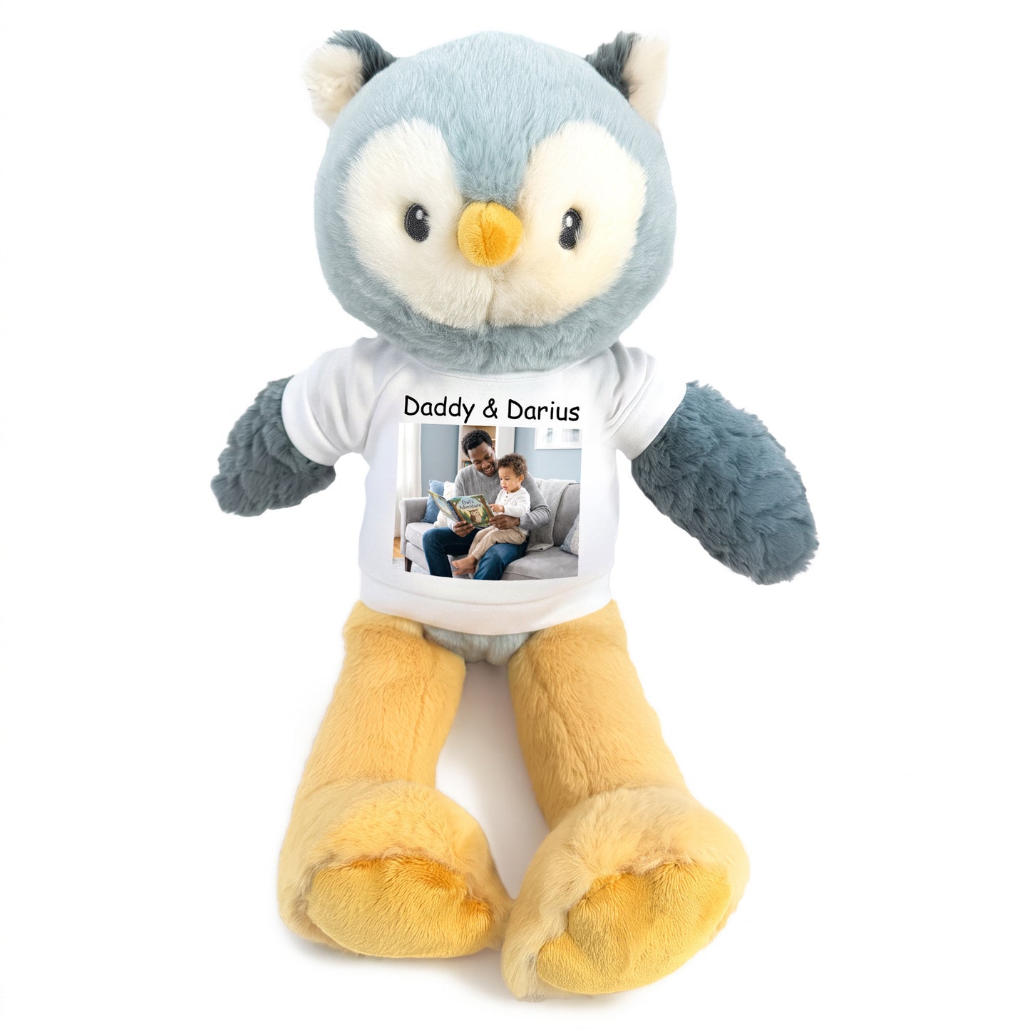 Personalized Stuffed Owl - 12 Inch Ollie Owl with Photo & Text - White Shirt