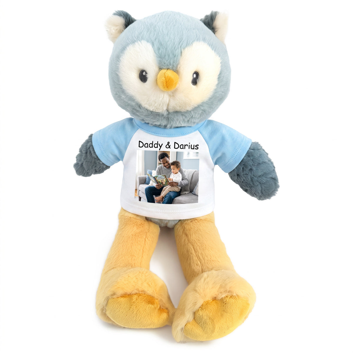 Personalized Stuffed Owl - 12 Inch Ollie Owl with Photo & Text - Light Blue Shirt