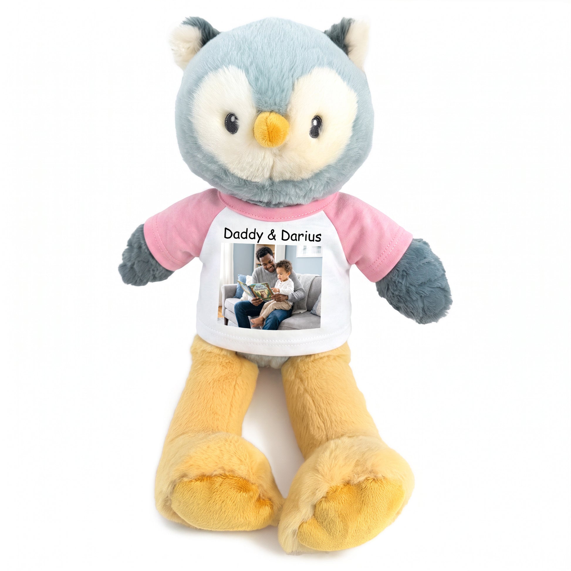 Personalized Stuffed Owl - 12 Inch Ollie Owl with Photo & Text - Pink Shirt