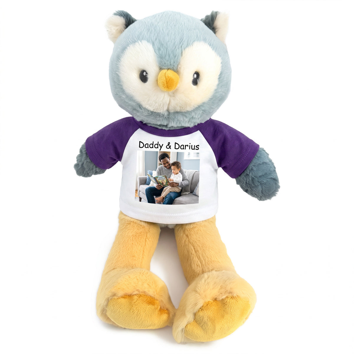 Personalized Stuffed Owl - 12 Inch Ollie Owl with Photo & Text - Purple Shirt