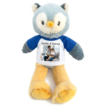Personalized Stuffed Owl - 12 Inch Ollie Owl with Photo & Text - Royal Blue Shirt