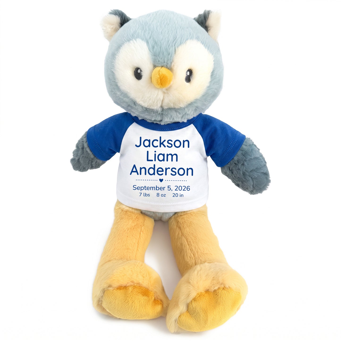 Personalized Stuffed Owl for Baby Boy or Girl - 12 Inch Ollie Owl with custom baby name, birth date, weight, and choice of shirt and text color - Royal Blue Shirt with Blue Text