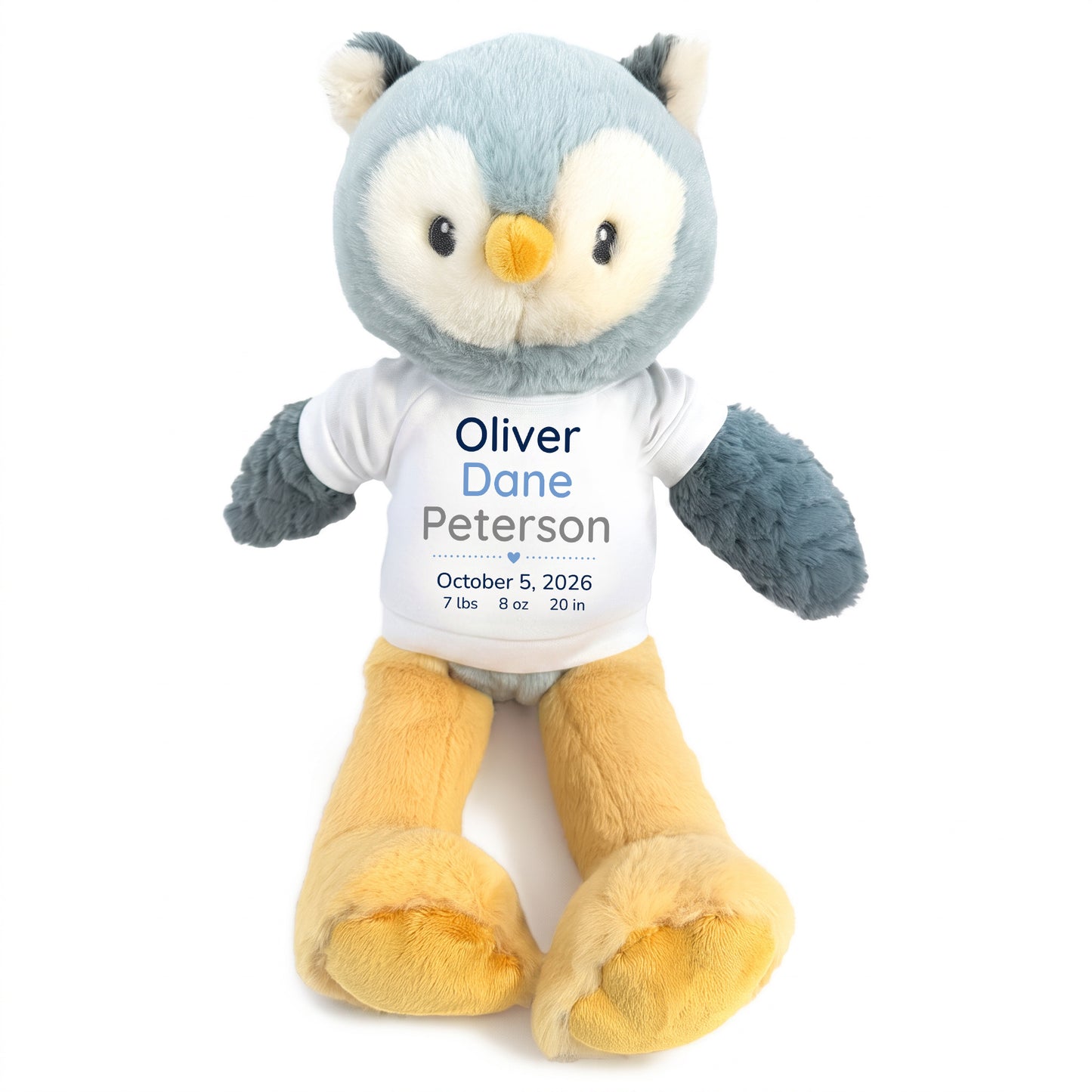 Personalized Stuffed Owl for Baby Boy or Girl - 12 Inch Ollie Owl with custom baby name, birth date, weight, and choice of shirt and text color - White Shirt with Blue and Grey Text
