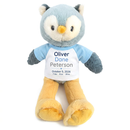 Personalized Stuffed Owl for Baby Boy or Girl - 12 Inch Ollie Owl with custom baby name, birth date, weight, and choice of shirt and text color  - Light Blue Shirt with Blue and Grey Text