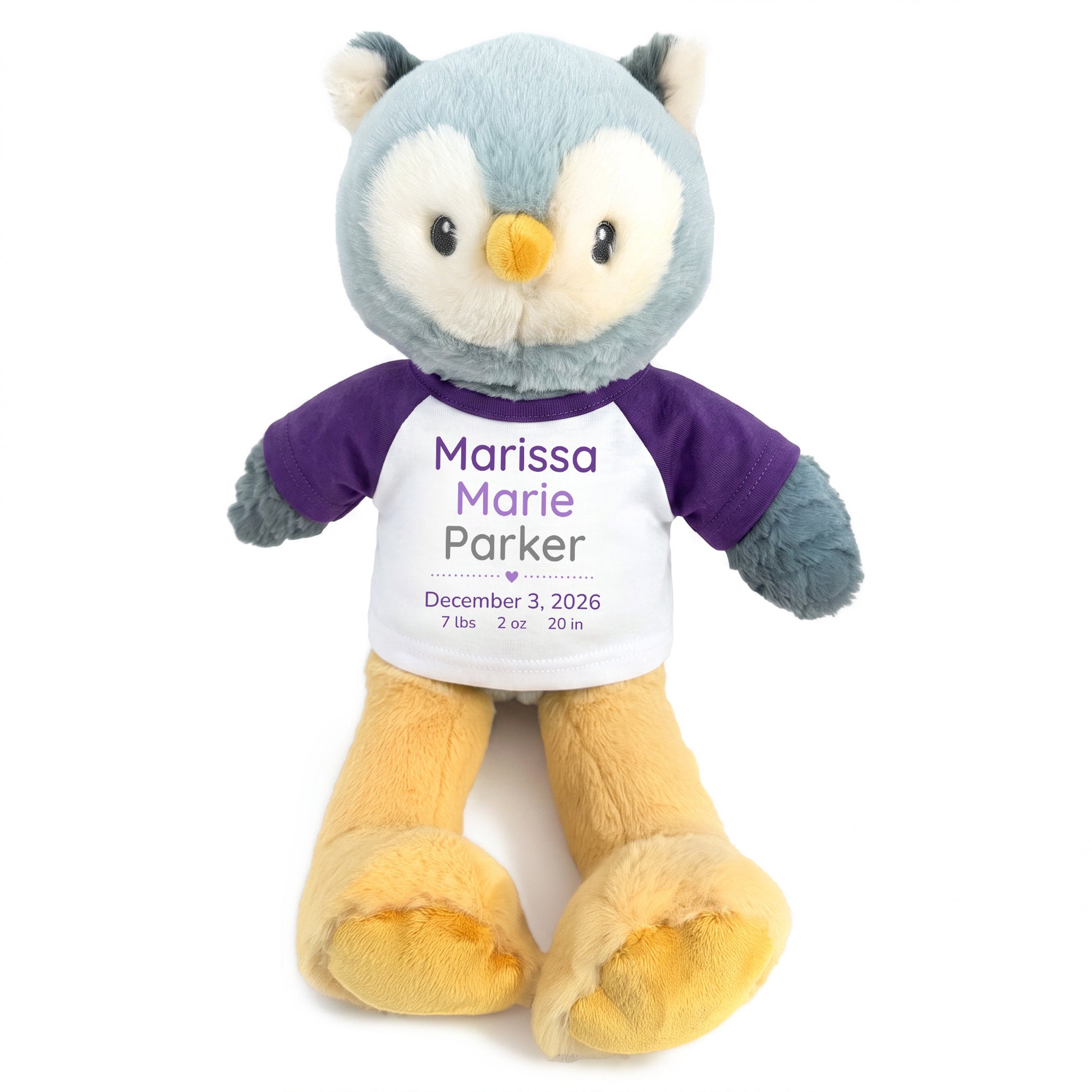 Personalized Stuffed Owl for Baby Boy or Girl - 12 Inch Ollie Owl with custom baby name, birth date, weight, and choice of shirt and text color  - Purple Shirt with Purple and Grey Text